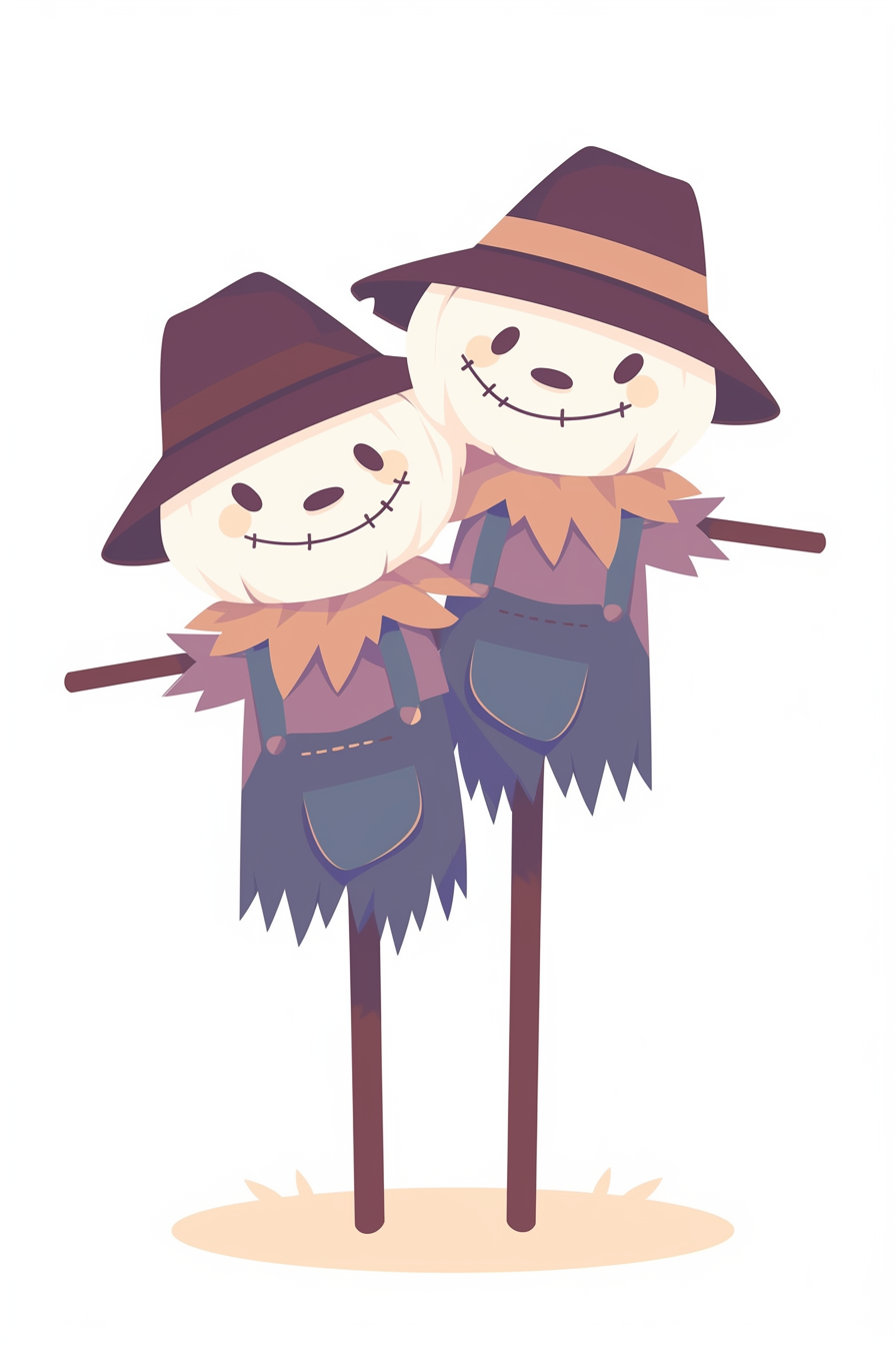 cute Halloween drawings for kids - Two friendly scarecrows wearing hats and smiling.